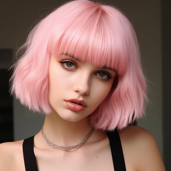 Pink Wig for Women Pastel Wavy Bob with Bangs Shoulder Length Synthetic Hair - Picture 4 of 5